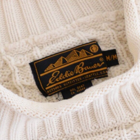 Vintage 90S Eddie Bauer Cream Cable Knit Nautical Mock Neck Sweater Medium - Picture 4 of 10